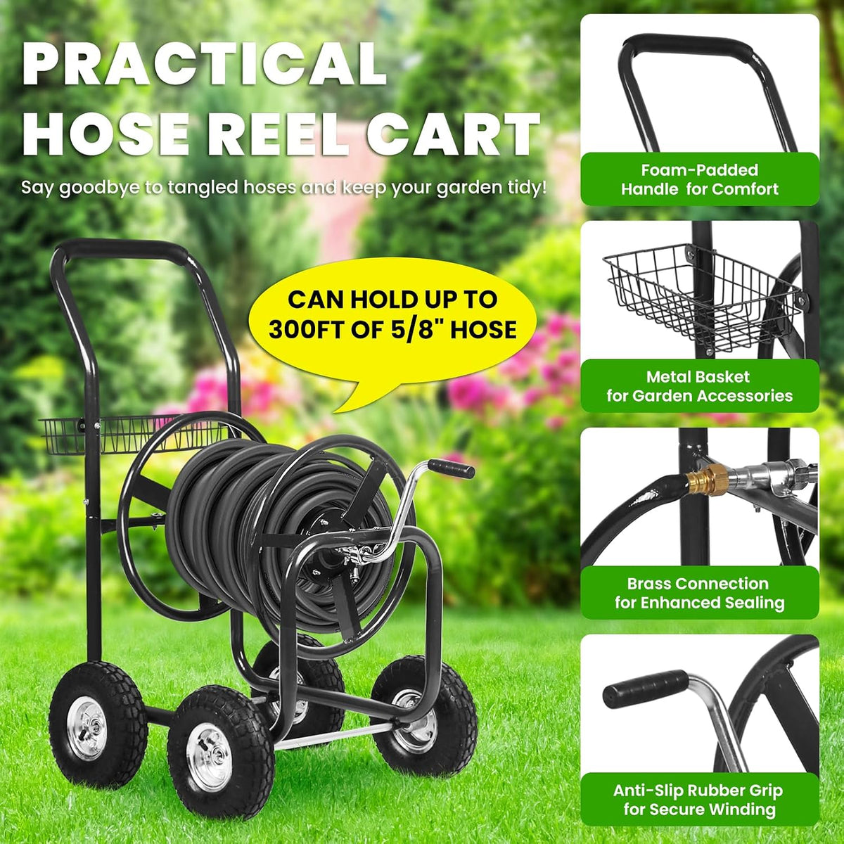 Hose Reel Cart, Hold Up to 300 ft of 5/8’’ Hose, Heavy Duty Garden Water Cart with 4 Wheels, Powder-coated Steel Outdoor Planting with Storage Basket for Garden, Lawn, Yard, Green