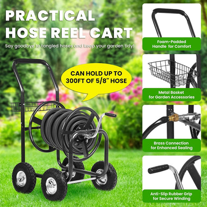 Hose Reel Cart, Hold Up to 300 ft of 5/8’’ Hose, Heavy Duty Garden Water Cart with 4 Wheels, Powder-coated Steel Outdoor Planting with Storage Basket for Garden, Lawn, Yard, Green