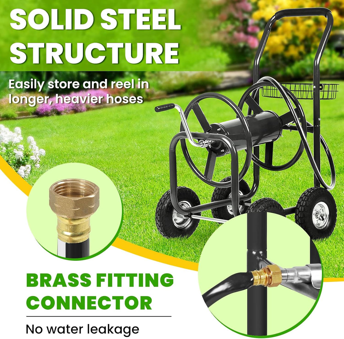 Hose Reel Cart, Hold Up to 300 ft of 5/8’’ Hose, Heavy Duty Garden Water Cart with 4 Wheels, Powder-coated Steel Outdoor Planting with Storage Basket for Garden, Lawn, Yard, Green