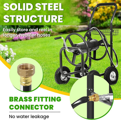 Hose Reel Cart, Hold Up to 300 ft of 5/8’’ Hose, Heavy Duty Garden Water Cart with 4 Wheels, Powder-coated Steel Outdoor Planting with Storage Basket for Garden, Lawn, Yard, Green
