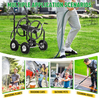 Hose Reel Cart, Hold Up to 300 ft of 5/8’’ Hose, Heavy Duty Garden Water Cart with 4 Wheels, Powder-coated Steel Outdoor Planting with Storage Basket for Garden, Lawn, Yard, Green