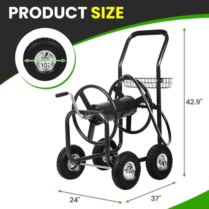 Hose Reel Cart, Hold Up to 300 ft of 5/8’’ Hose, Heavy Duty Garden Water Cart with 4 Wheels, Powder-coated Steel Outdoor Planting with Storage Basket for Garden, Lawn, Yard, Green