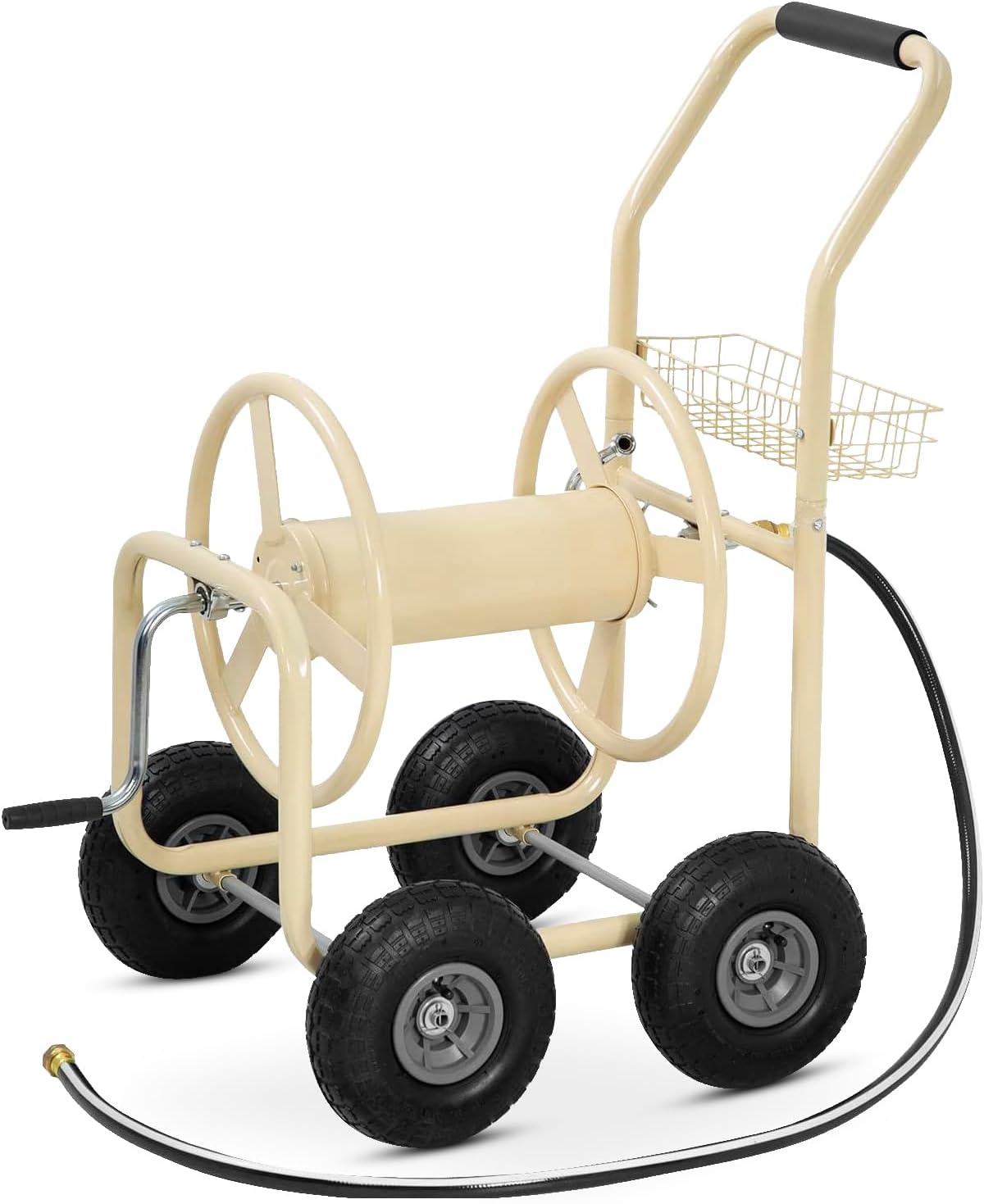 Hose Reel Cart, Hold Up to 300 ft of 5/8’’ Hose, Heavy Duty Garden Water Cart with 4 Wheels, Powder-coated Steel Outdoor Planting with Storage Basket for Garden, Lawn, Yard, Green