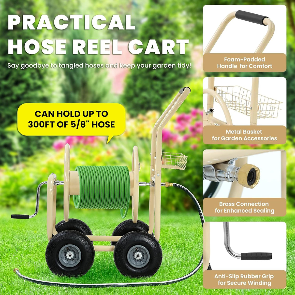 Hose Reel Cart, Hold Up to 300 ft of 5/8’’ Hose, Heavy Duty Garden Water Cart with 4 Wheels, Powder-coated Steel Outdoor Planting with Storage Basket for Garden, Lawn, Yard, Green