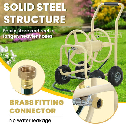 Hose Reel Cart, Hold Up to 300 ft of 5/8’’ Hose, Heavy Duty Garden Water Cart with 4 Wheels, Powder-coated Steel Outdoor Planting with Storage Basket for Garden, Lawn, Yard, Green
