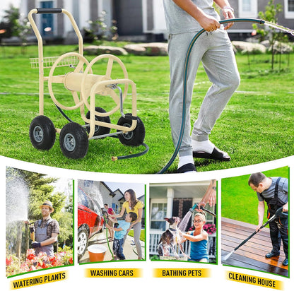 Hose Reel Cart, Hold Up to 300 ft of 5/8’’ Hose, Heavy Duty Garden Water Cart with 4 Wheels, Powder-coated Steel Outdoor Planting with Storage Basket for Garden, Lawn, Yard, Green