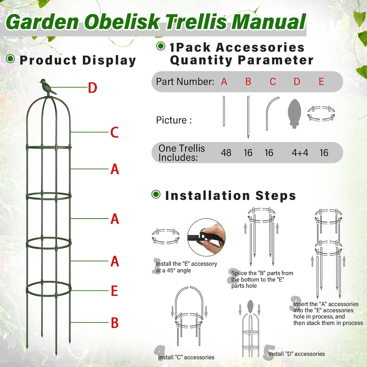 6 ft Garden Obelisk Trellis, Heavy Duty Plant Supports, Green