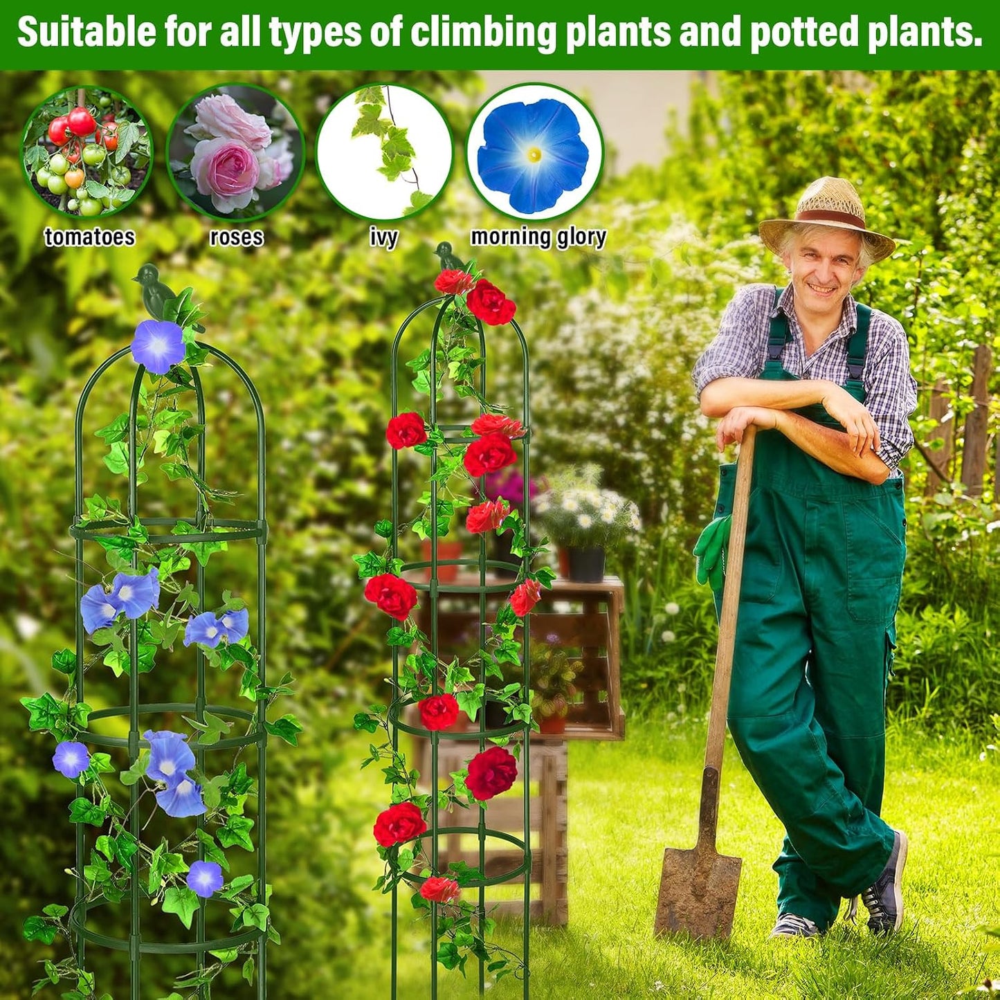 6 ft Garden Obelisk Trellis, Heavy Duty Plant Supports, Green