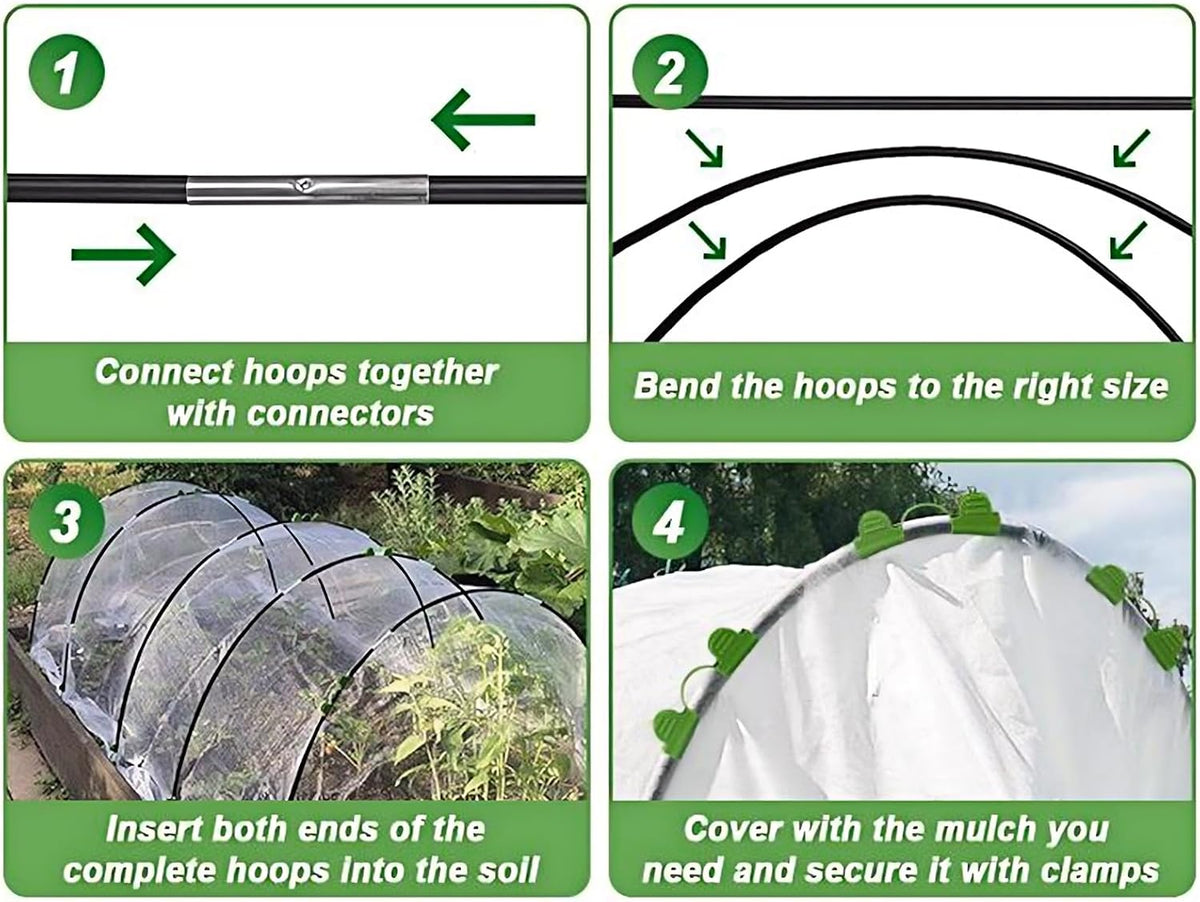 Greenhouse Hoops Grow Tunnel 30 Pcs 16 Inch Up to 6 Sets of 7ft Long Plastic-Coated Rust-Proof Fiberglass Garden Hoops for Raised Beds with 25 Pcs Metal Connect Pipes and 20 Clamps