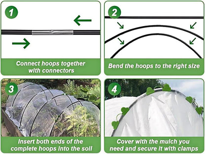 Greenhouse Hoops Grow Tunnel 30 Pcs 16 Inch Up to 6 Sets of 7ft Long Plastic-Coated Rust-Proof Fiberglass Garden Hoops for Raised Beds with 25 Pcs Metal Connect Pipes and 20 Clamps