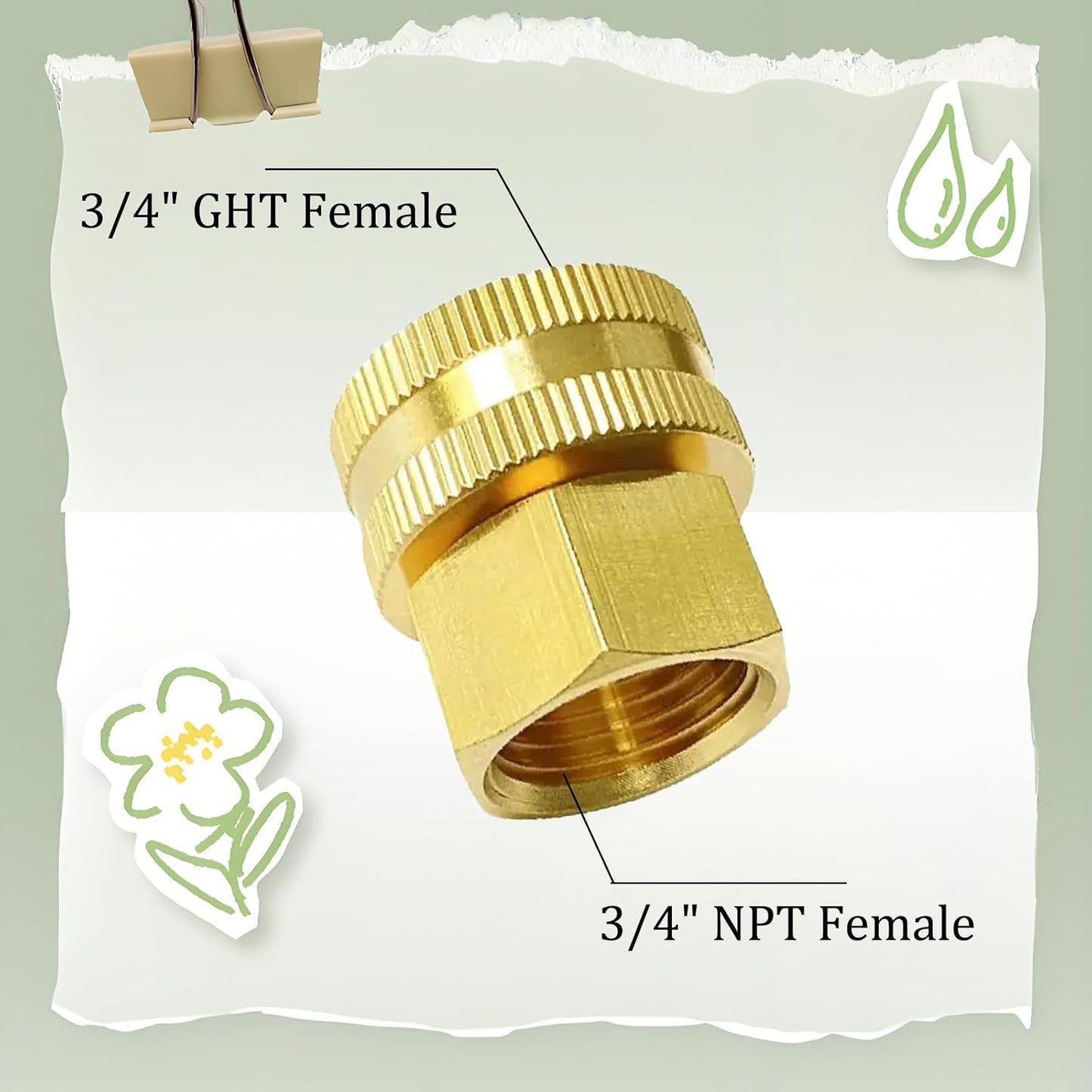 Solid Brass Garden Hose Fittings Connectors Adapter Heavy Duty Brass Repair Female to Double Female Faucet Leader Coupler Dual Water Hose Connector(3/4" GHT) 2 Pcs