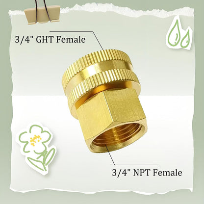 Solid Brass Garden Hose Fittings Connectors Adapter Heavy Duty Brass Repair Female to Double Female Faucet Leader Coupler Dual Water Hose Connector(3/4" GHT) 2 Pcs
