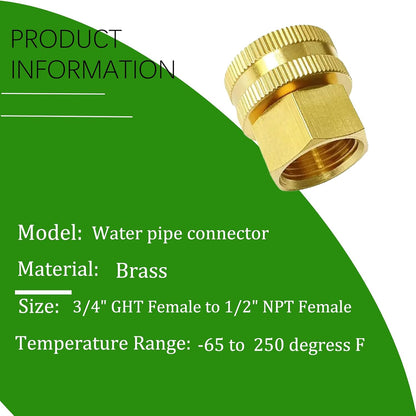 Solid Brass Garden Hose Fittings Connectors Adapter Heavy Duty Brass Repair Female to Double Female Faucet Leader Coupler Dual Water Hose Connector(3/4" GHT) 2 Pcs