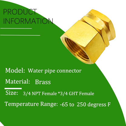 Solid Brass Garden Hose Fittings Connectors Adapter Heavy Duty Brass Repair Female to Double Female Faucet Leader Coupler Dual Water Hose Connector(3/4" GHT) 2 Pcs