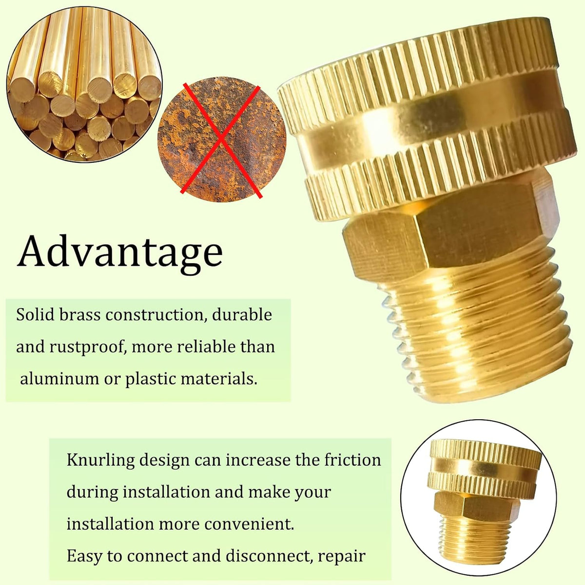 Solid Brass Garden Hose Fittings Connectors Adapter Heavy Duty Brass Repair Female to Double Female Faucet Leader Coupler Dual Water Hose Connector(3/4" GHT) 2 Pcs