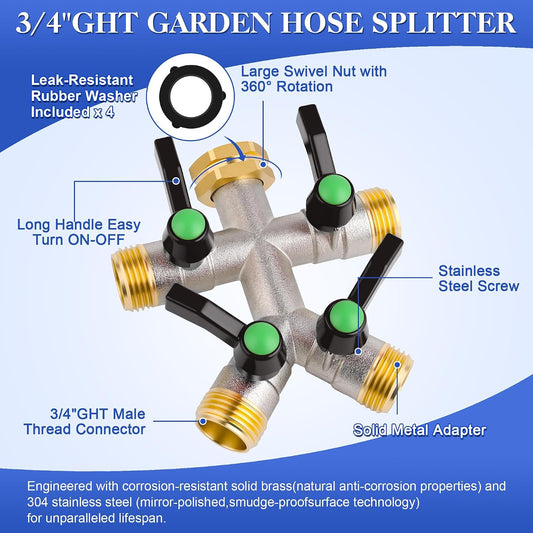 Hose Splitter 4 Way, Garden Hose Splitters, Heavy Duty Faucet Splitter,Rv Brass Water Hose Y Splitter, Hose Connector, Spigot Splitter, Four Way Hose Manifold Valve 3/4 Inch GHT Thread.