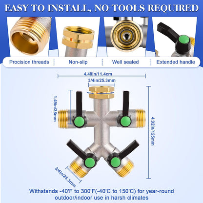 Hose Splitter 4 Way, Garden Hose Splitters, Heavy Duty Faucet Splitter,Rv Brass Water Hose Y Splitter, Hose Connector, Spigot Splitter, Four Way Hose Manifold Valve 3/4 Inch GHT Thread.