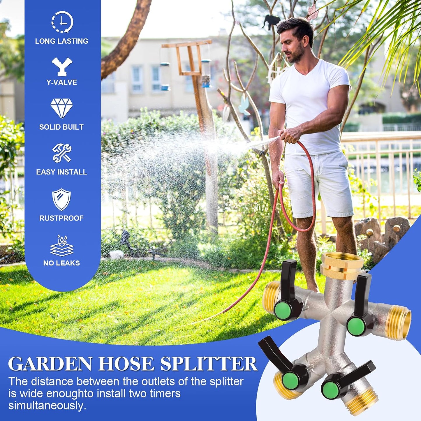 Hose Splitter 4 Way, Garden Hose Splitters, Heavy Duty Faucet Splitter,Rv Brass Water Hose Y Splitter, Hose Connector, Spigot Splitter, Four Way Hose Manifold Valve 3/4 Inch GHT Thread.