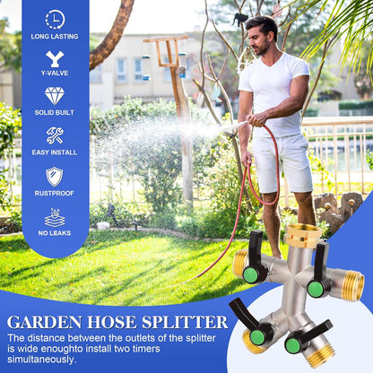 Hose Splitter 4 Way, Garden Hose Splitters, Heavy Duty Faucet Splitter,Rv Brass Water Hose Y Splitter, Hose Connector, Spigot Splitter, Four Way Hose Manifold Valve 3/4 Inch GHT Thread.