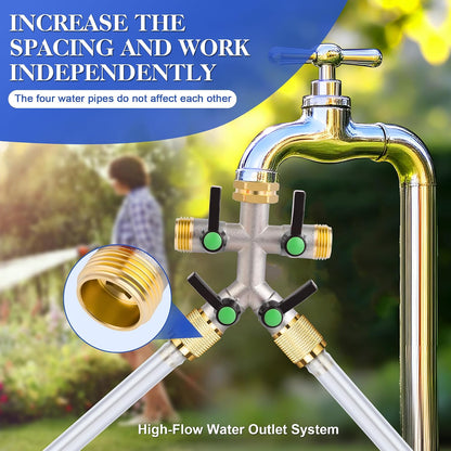 Hose Splitter 4 Way, Garden Hose Splitters, Heavy Duty Faucet Splitter,Rv Brass Water Hose Y Splitter, Hose Connector, Spigot Splitter, Four Way Hose Manifold Valve 3/4 Inch GHT Thread.
