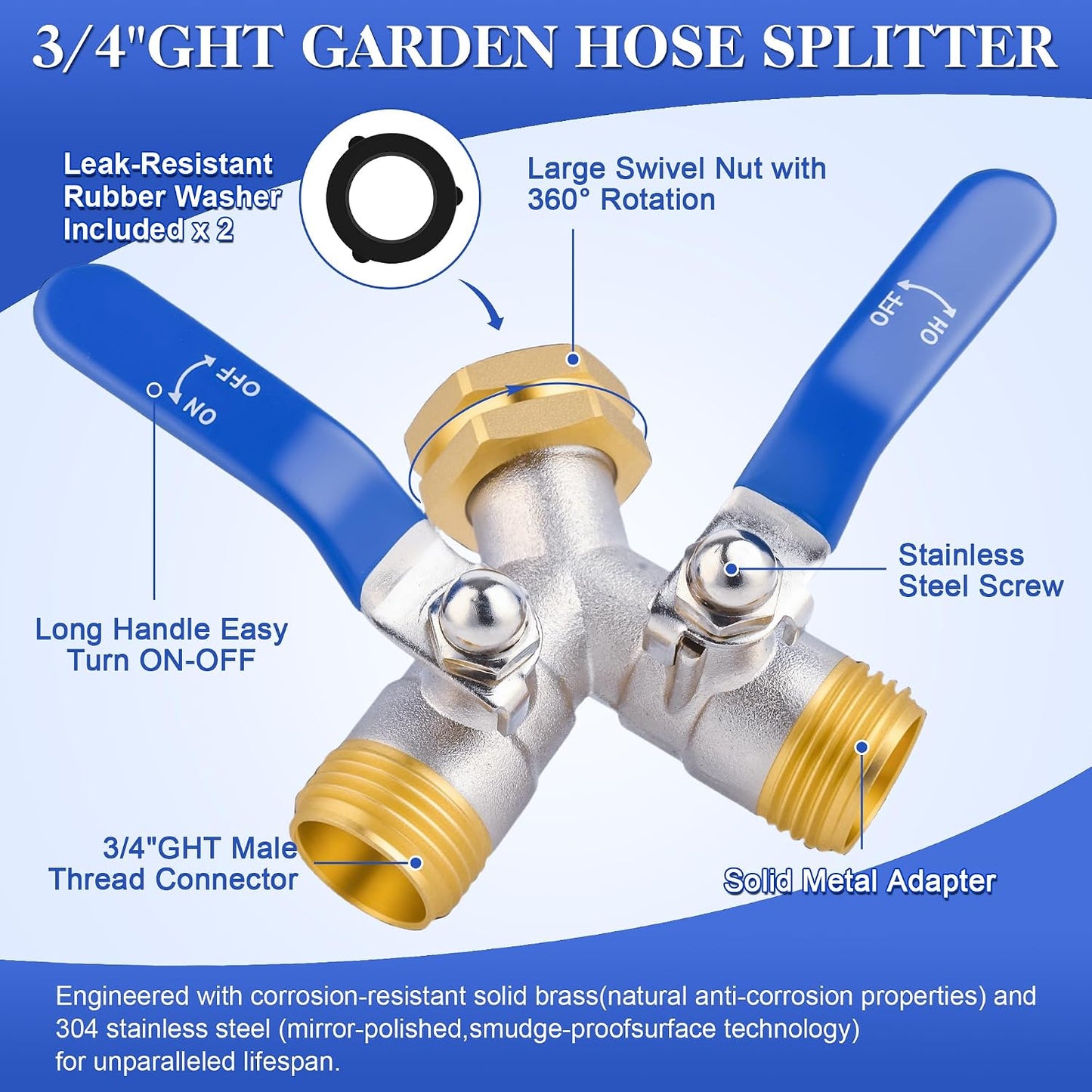 Hose Splitter 4 Way, Garden Hose Splitters, Heavy Duty Faucet Splitter,Rv Brass Water Hose Y Splitter, Hose Connector, Spigot Splitter, Four Way Hose Manifold Valve 3/4 Inch GHT Thread.