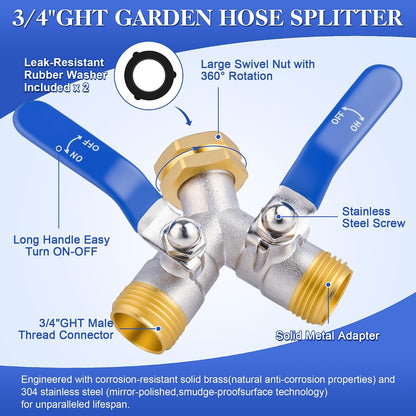 Hose Splitter 4 Way, Garden Hose Splitters, Heavy Duty Faucet Splitter,Rv Brass Water Hose Y Splitter, Hose Connector, Spigot Splitter, Four Way Hose Manifold Valve 3/4 Inch GHT Thread.