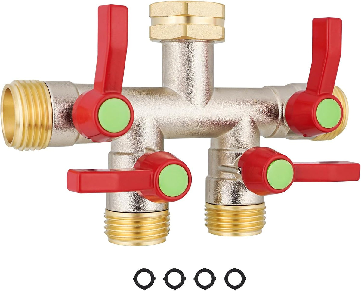 Hose Splitter 4 Way, Garden Hose Splitters, Heavy Duty Faucet Splitter,Rv Brass Water Hose Y Splitter, Hose Connector, Spigot Splitter, Four Way Hose Manifold Valve 3/4 Inch GHT Thread.