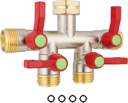 Hose Splitter 4 Way, Garden Hose Splitters, Heavy Duty Faucet Splitter,Rv Brass Water Hose Y Splitter, Hose Connector, Spigot Splitter, Four Way Hose Manifold Valve 3/4 Inch GHT Thread.