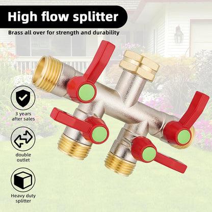 Hose Splitter 4 Way, Garden Hose Splitters, Heavy Duty Faucet Splitter,Rv Brass Water Hose Y Splitter, Hose Connector, Spigot Splitter, Four Way Hose Manifold Valve 3/4 Inch GHT Thread.