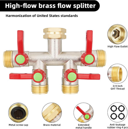 Hose Splitter 4 Way, Garden Hose Splitters, Heavy Duty Faucet Splitter,Rv Brass Water Hose Y Splitter, Hose Connector, Spigot Splitter, Four Way Hose Manifold Valve 3/4 Inch GHT Thread.