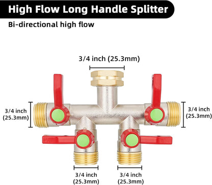 Hose Splitter 4 Way, Garden Hose Splitters, Heavy Duty Faucet Splitter,Rv Brass Water Hose Y Splitter, Hose Connector, Spigot Splitter, Four Way Hose Manifold Valve 3/4 Inch GHT Thread.