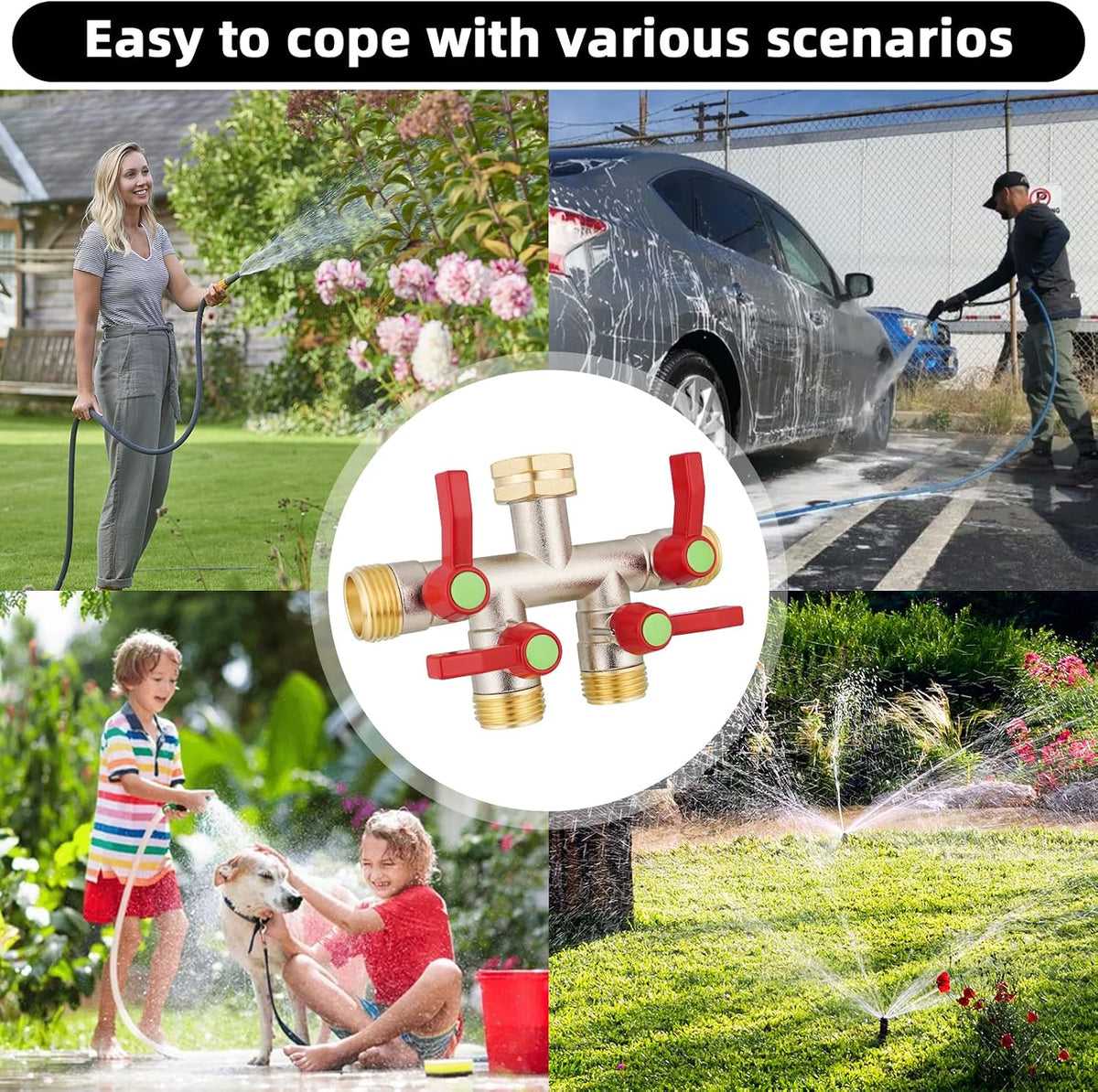 Hose Splitter 4 Way, Garden Hose Splitters, Heavy Duty Faucet Splitter,Rv Brass Water Hose Y Splitter, Hose Connector, Spigot Splitter, Four Way Hose Manifold Valve 3/4 Inch GHT Thread.