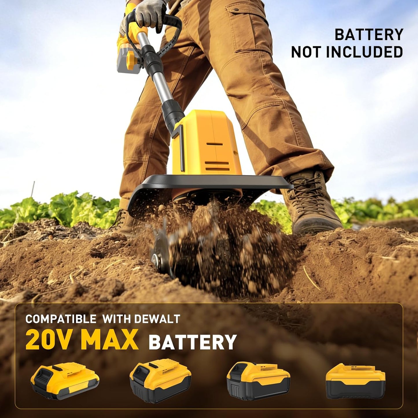 Cordless Tiller Cultivator, 360RPM Battery Powered Garden Cultivator, Compatible with Dewalt 20V Battery(Tool Only), Lightweight Electric Garden Tiller for Soil Cultivation, Lawn and Gardening