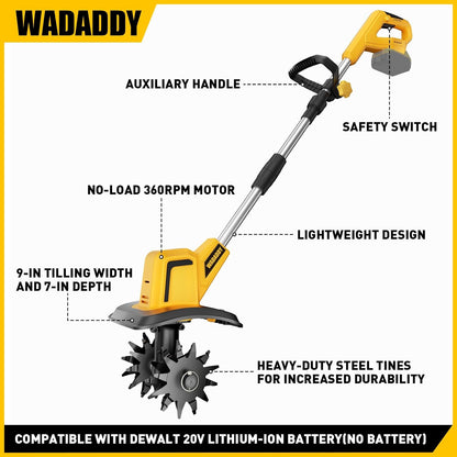 Cordless Tiller Cultivator, 360RPM Battery Powered Garden Cultivator, Compatible with Dewalt 20V Battery(Tool Only), Lightweight Electric Garden Tiller for Soil Cultivation, Lawn and Gardening