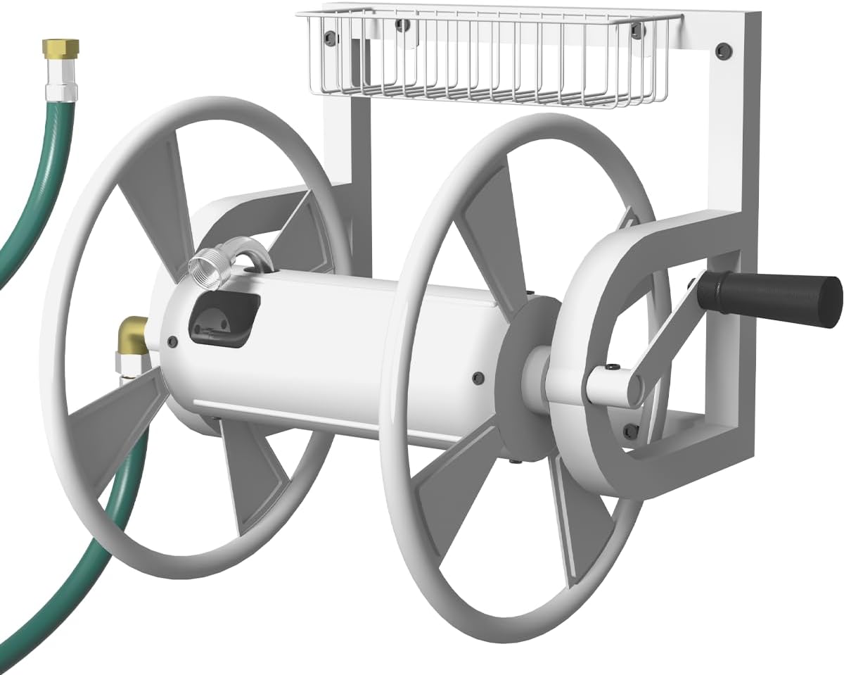 Garden Wall Mounted Hose Reel, Outdoor Heavy-Duty Water Hose Holder Winder, Holds 125 Feet of 5/8-Inch Hose, with 3.9 ft Leader Hose, Brass Fitting and Storage Basket for Yard, White