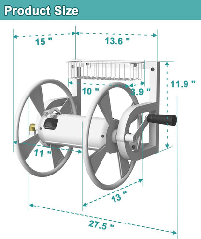 Garden Wall Mounted Hose Reel, Outdoor Heavy-Duty Water Hose Holder Winder, Holds 125 Feet of 5/8-Inch Hose, with 3.9 ft Leader Hose, Brass Fitting and Storage Basket for Yard, White
