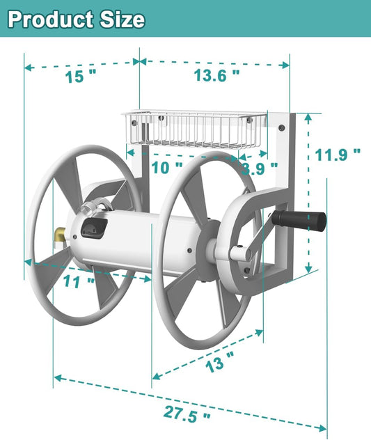 Garden Wall Mounted Hose Reel, Outdoor Heavy-Duty Water Hose Holder Winder, Holds 125 Feet of 5/8-Inch Hose, with 3.9 ft Leader Hose, Brass Fitting and Storage Basket for Yard, White