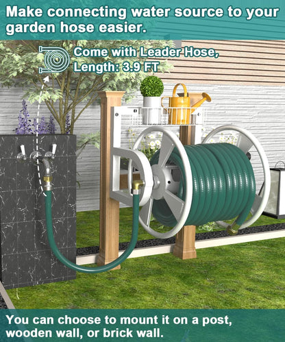 Garden Wall Mounted Hose Reel, Outdoor Heavy-Duty Water Hose Holder Winder, Holds 125 Feet of 5/8-Inch Hose, with 3.9 ft Leader Hose, Brass Fitting and Storage Basket for Yard, White