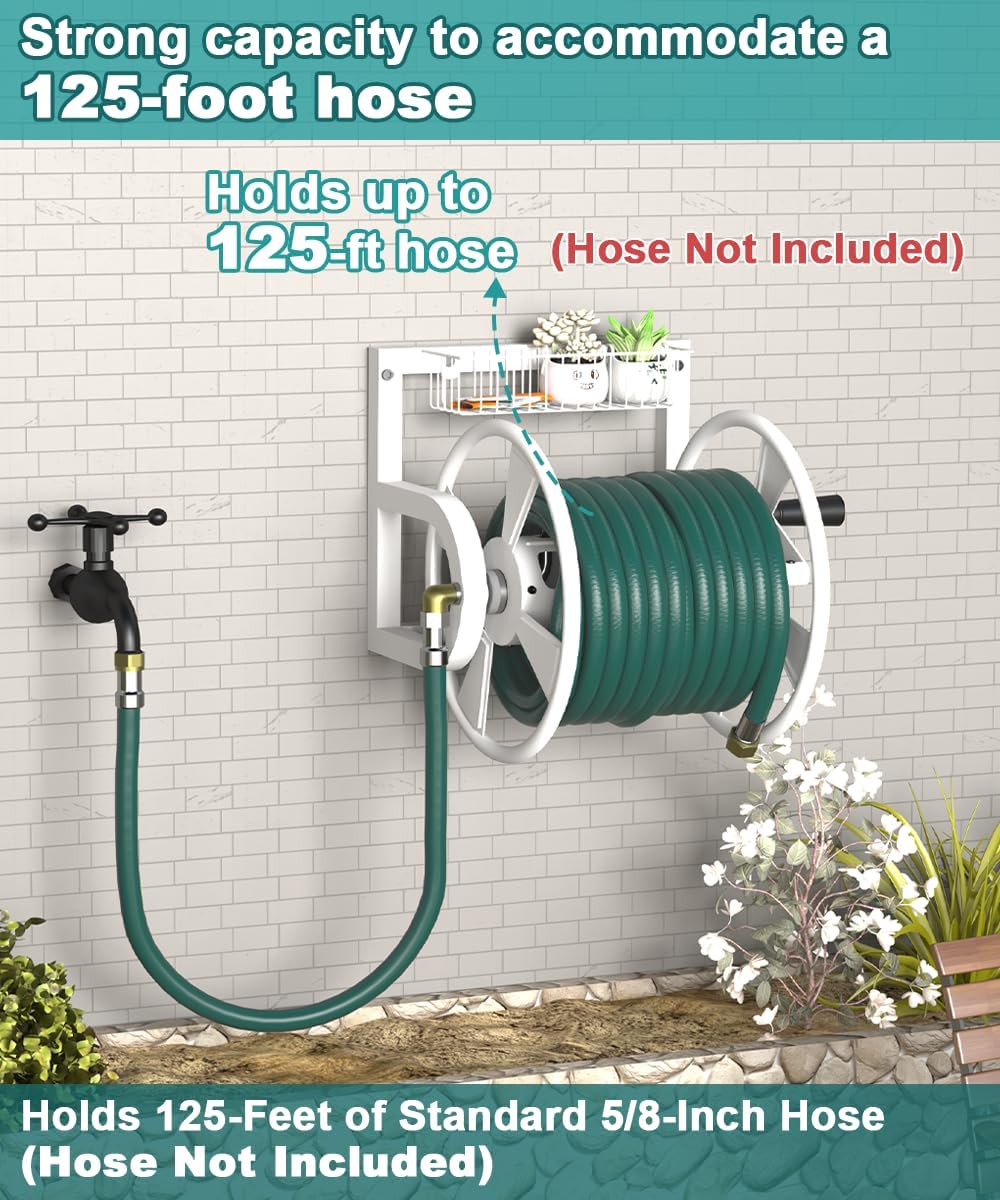 Garden Wall Mounted Hose Reel, Outdoor Heavy-Duty Water Hose Holder Winder, Holds 125 Feet of 5/8-Inch Hose, with 3.9 ft Leader Hose, Brass Fitting and Storage Basket for Yard, White