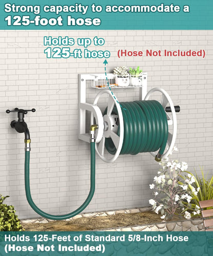 Garden Wall Mounted Hose Reel, Outdoor Heavy-Duty Water Hose Holder Winder, Holds 125 Feet of 5/8-Inch Hose, with 3.9 ft Leader Hose, Brass Fitting and Storage Basket for Yard, White