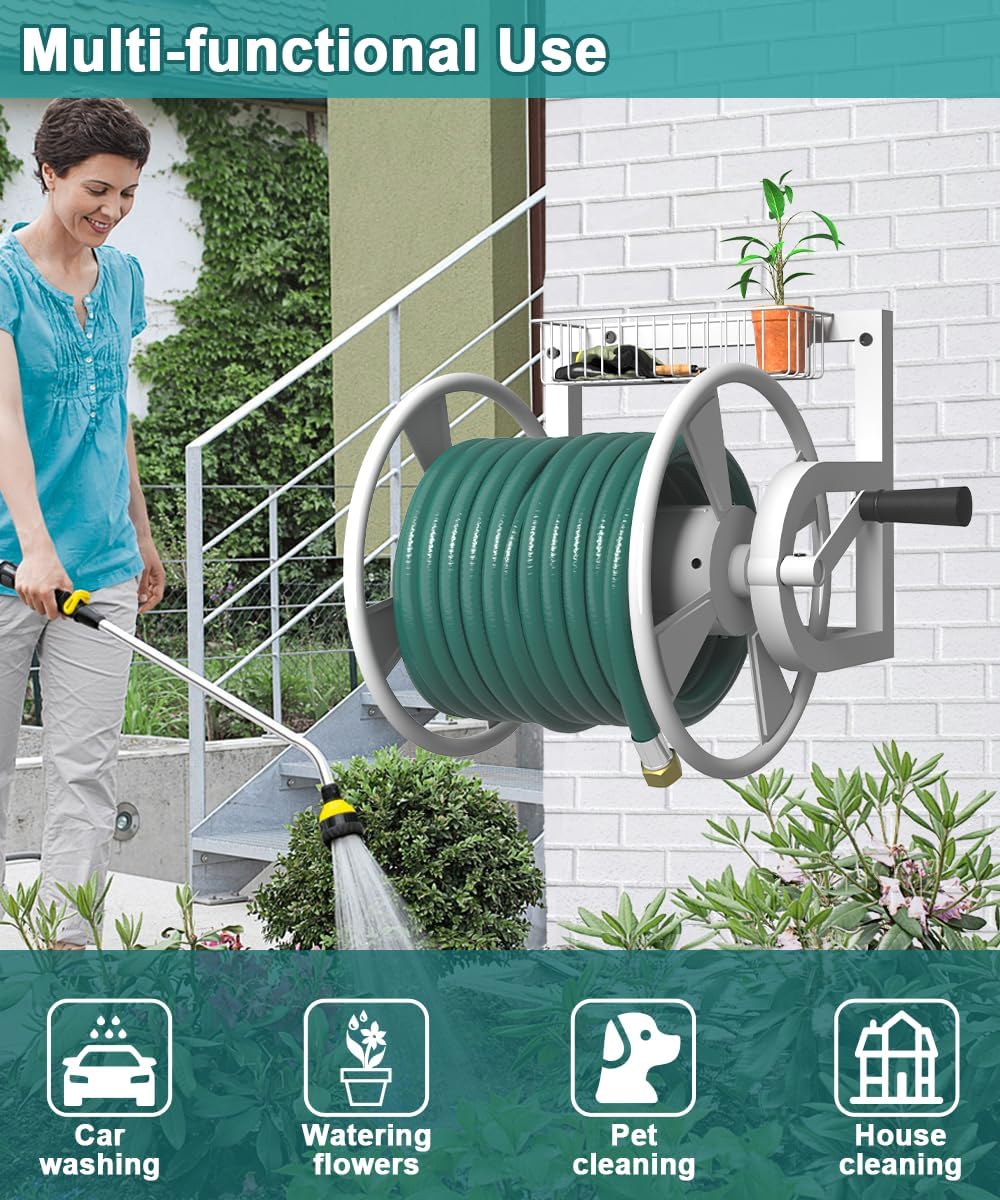 Garden Wall Mounted Hose Reel, Outdoor Heavy-Duty Water Hose Holder Winder, Holds 125 Feet of 5/8-Inch Hose, with 3.9 ft Leader Hose, Brass Fitting and Storage Basket for Yard, White