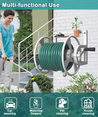 Garden Wall Mounted Hose Reel, Outdoor Heavy-Duty Water Hose Holder Winder, Holds 125 Feet of 5/8-Inch Hose, with 3.9 ft Leader Hose, Brass Fitting and Storage Basket for Yard, White