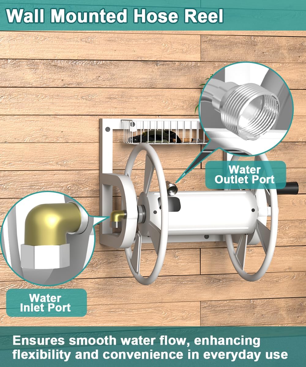 Garden Wall Mounted Hose Reel, Outdoor Heavy-Duty Water Hose Holder Winder, Holds 125 Feet of 5/8-Inch Hose, with 3.9 ft Leader Hose, Brass Fitting and Storage Basket for Yard, White