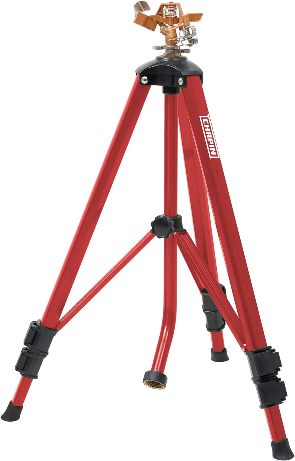 4993: Heavy Duty Brass Head Tripod Impact Lawn Sprinkler, 360 Degree Coverage for Large Lawns, Golf Courses, Gardens, Adjustable Height, Gooseneck Hose Connection, Red and Black