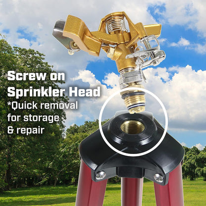 4993: Heavy Duty Brass Head Tripod Impact Lawn Sprinkler, 360 Degree Coverage for Large Lawns, Golf Courses, Gardens, Adjustable Height, Gooseneck Hose Connection, Red and Black