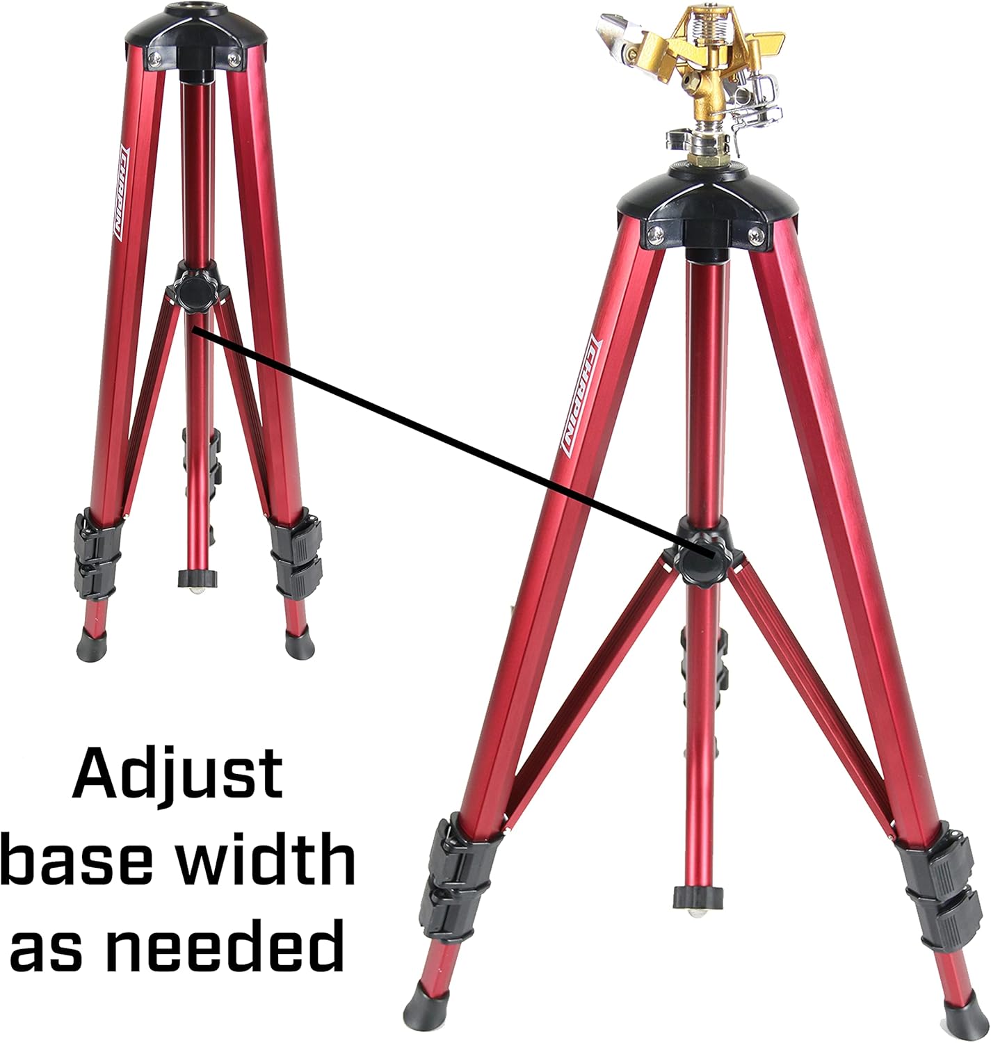4993: Heavy Duty Brass Head Tripod Impact Lawn Sprinkler, 360 Degree Coverage for Large Lawns, Golf Courses, Gardens, Adjustable Height, Gooseneck Hose Connection, Red and Black