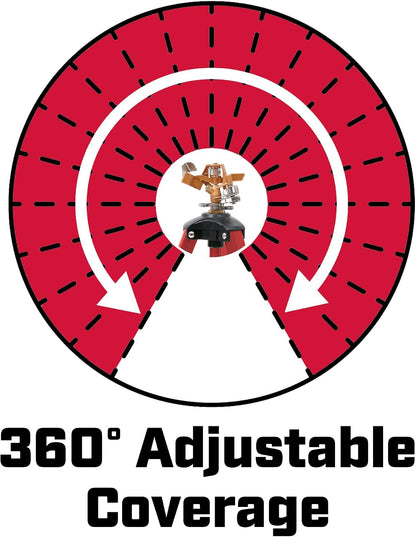 4993: Heavy Duty Brass Head Tripod Impact Lawn Sprinkler, 360 Degree Coverage for Large Lawns, Golf Courses, Gardens, Adjustable Height, Gooseneck Hose Connection, Red and Black