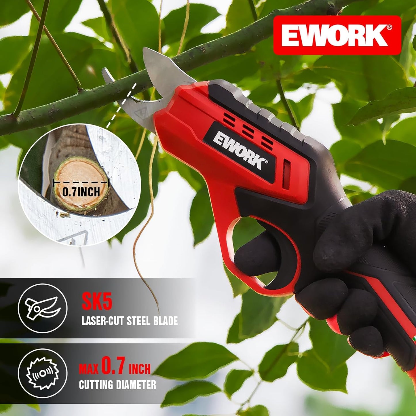 Cordless Electric Pruning Shears 4.2V Rechargeable 4000mAh Battery, 0.7 Inch Cutting Diameter, 2 SK5 Blades Quick Tool-Less Replacement, Handheld Pruner for Garden Tree Branch Trimming