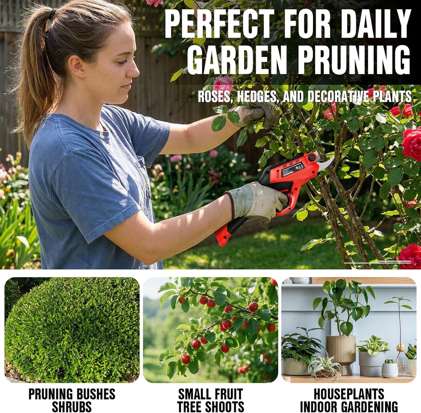 Cordless Electric Pruning Shears 4.2V Rechargeable 4000mAh Battery, 0.7 Inch Cutting Diameter, 2 SK5 Blades Quick Tool-Less Replacement, Handheld Pruner for Garden Tree Branch Trimming