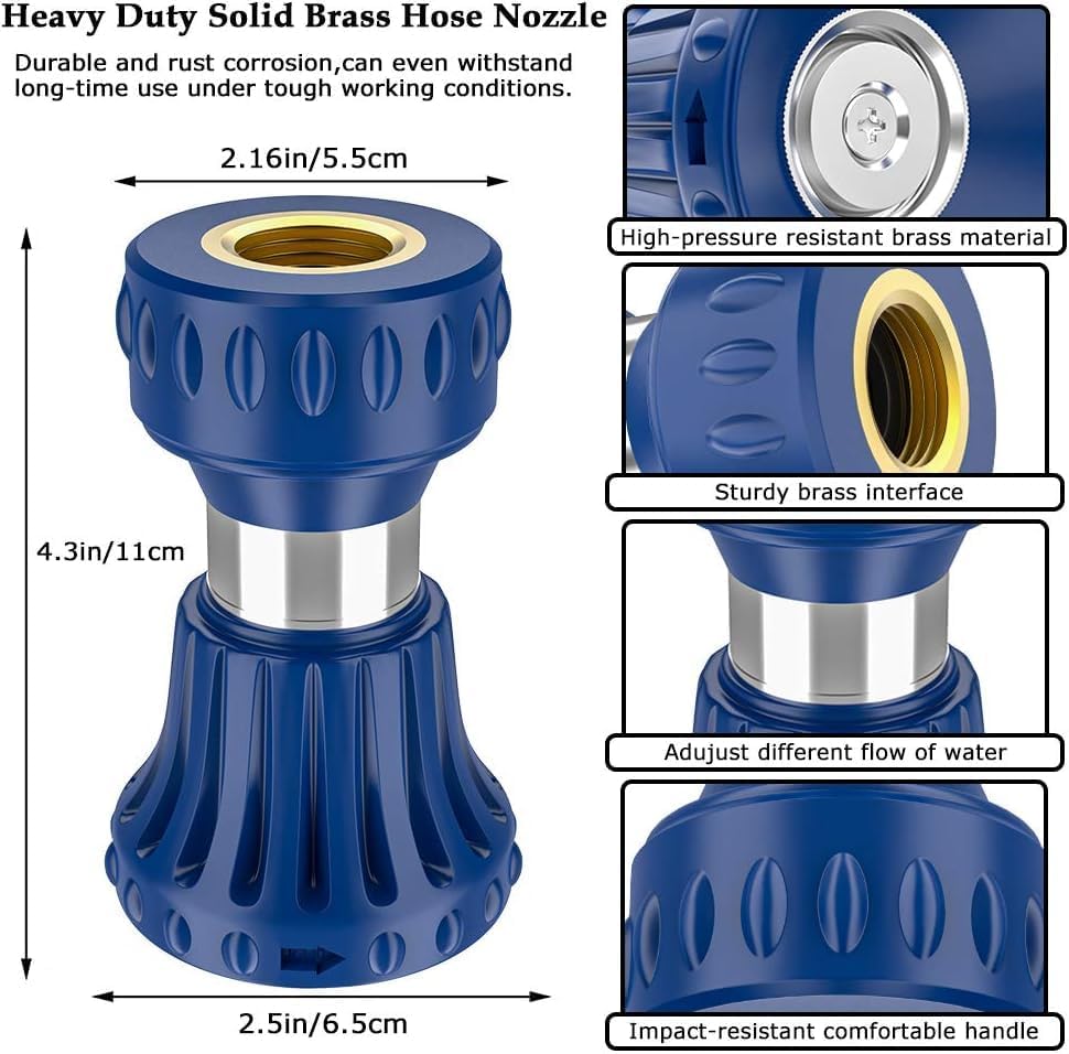 Garden Hose Nozzle, Fireman Style Hose Nozzle, Heavy Duty Brass Hose Nozzle, Leak Proof & Best High-Pressure Sprayer for Plants Watering, Car Washing, Pet Washing, etc. (blue)